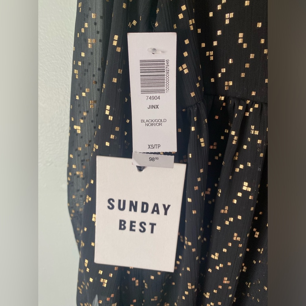 Sunday Best Aritzia Jinx Long Sleeve V Neck Black Gold Babydoll Dress Size XS - Picture 11 of 11